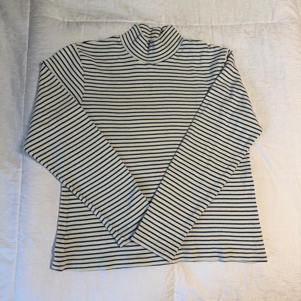 Catalina Striped Mock Neck Top Large Cream Green Ribbed Long Sleeve